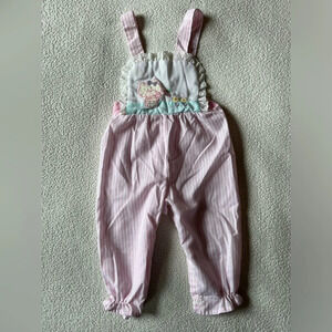 Vintage overall romper, 12 months. Cat with watering can, pink